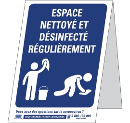 Lot de 5 panneaux nettoyage en formats A4/A3, disponibles en modèles PVC, adhésif ou chevalet.
