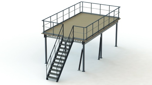 Plateforme modulaire Proplus LP3 montée sur 6 poteaux avec 1 escalier et un recouvrement plancher bois